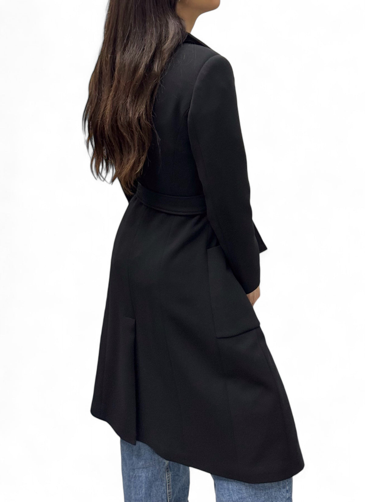 Long black coat with technical fabric sash