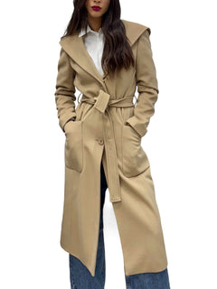 Long camel coat with hood