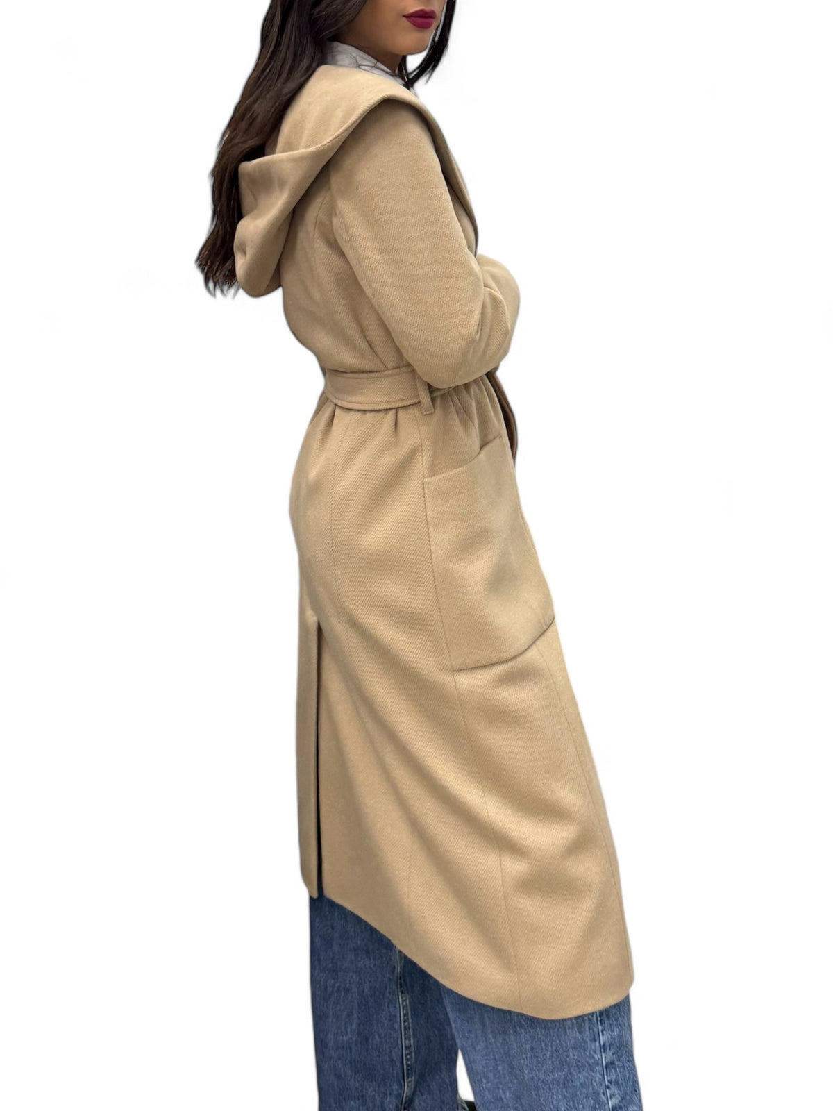 Long camel coat with hood