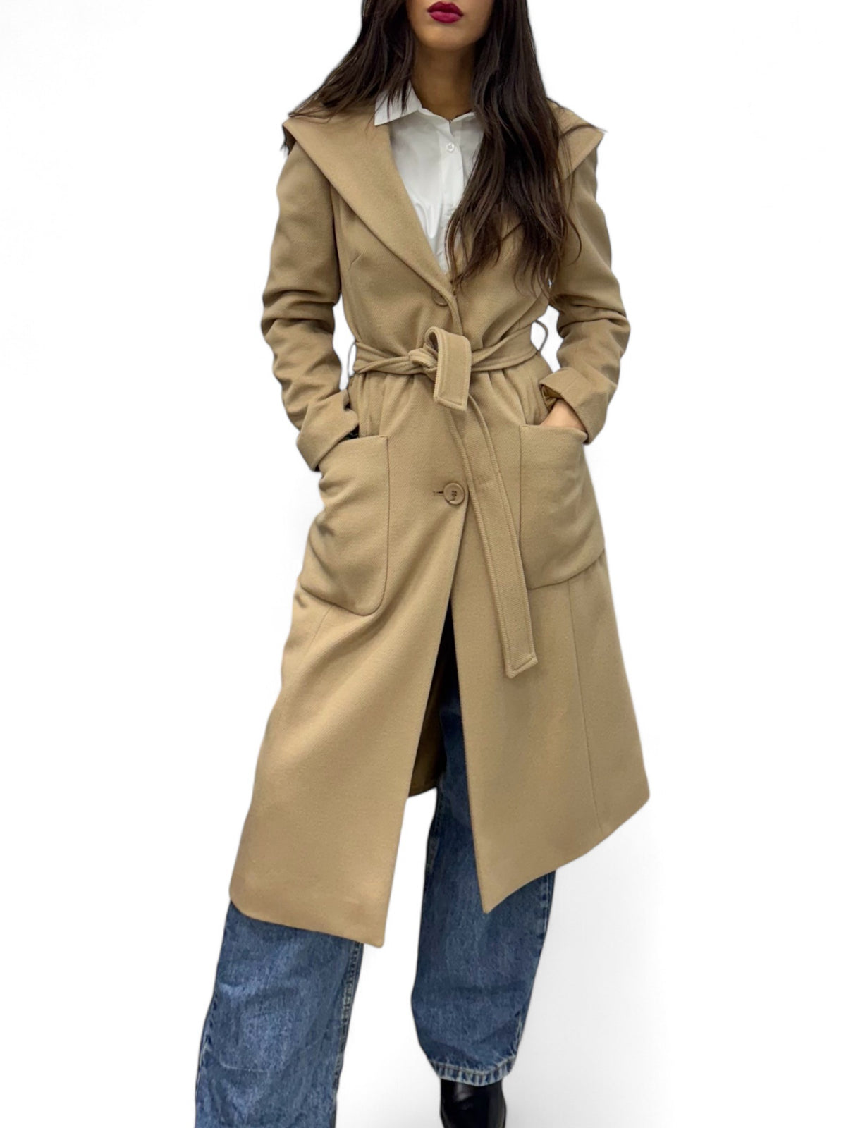 Long camel coat with hood