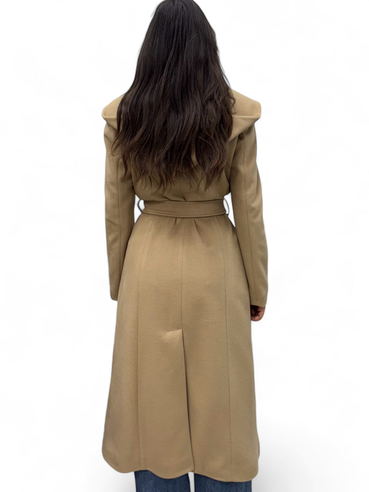 Long camel coat with hood