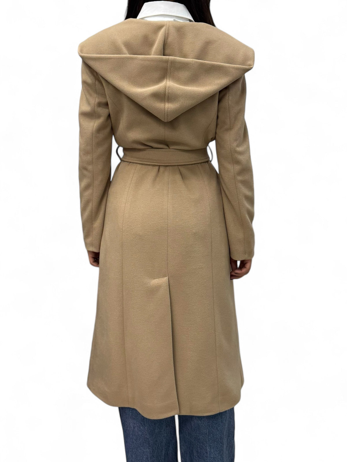 Long camel coat with hood