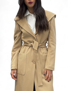 Long camel coat with hood
