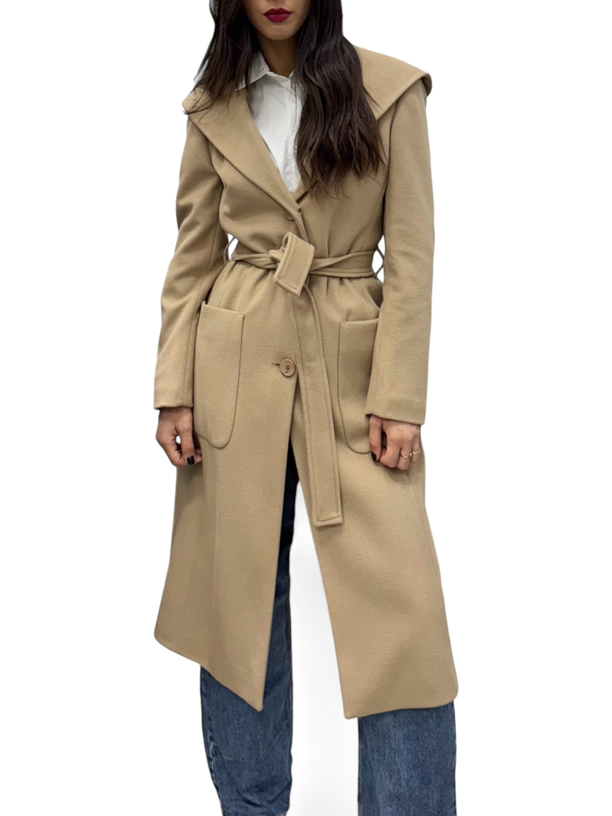Long camel coat with hood
