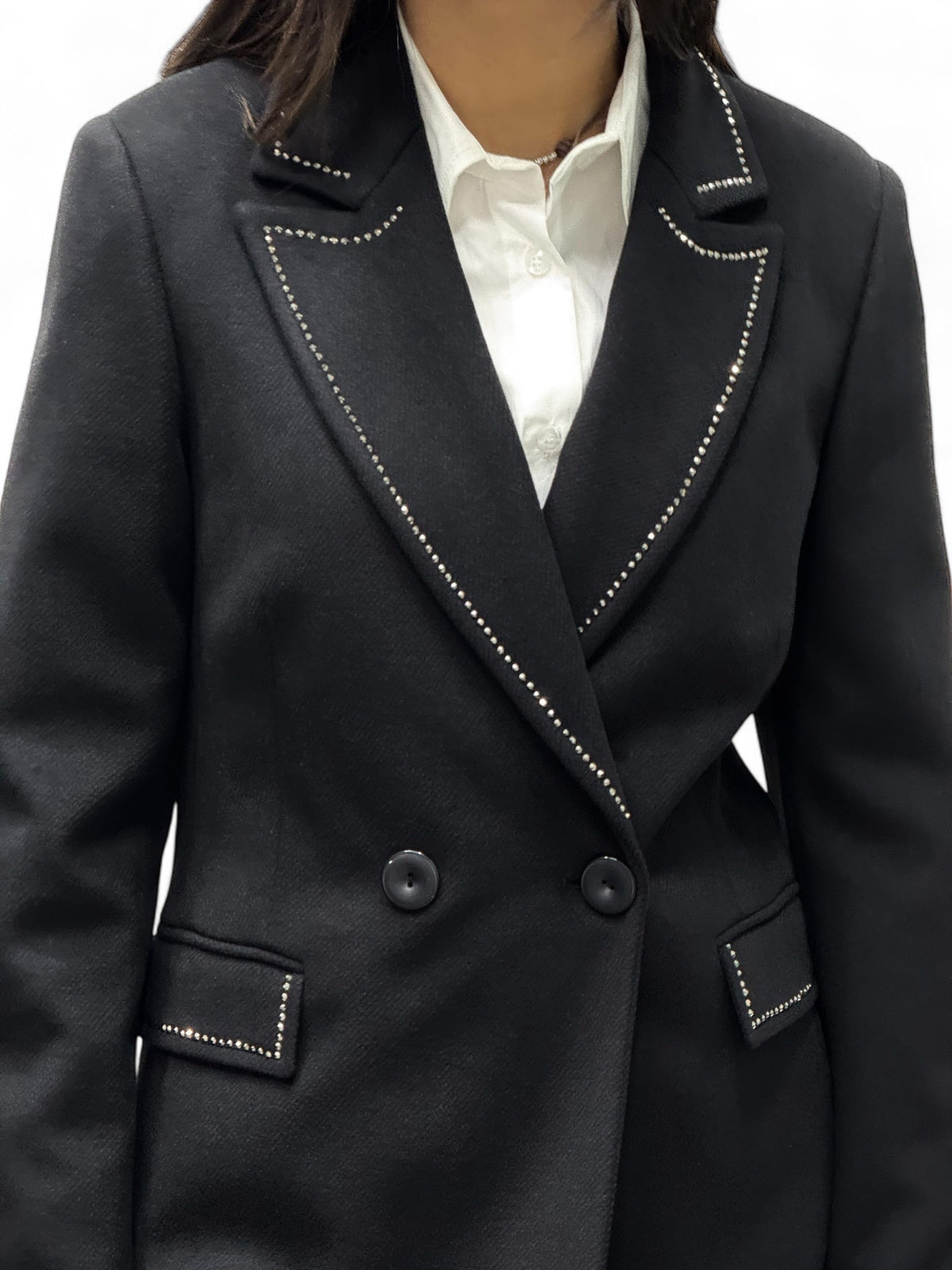 Cappotto nero basic baronetto doppiopetto con applicazione strass
