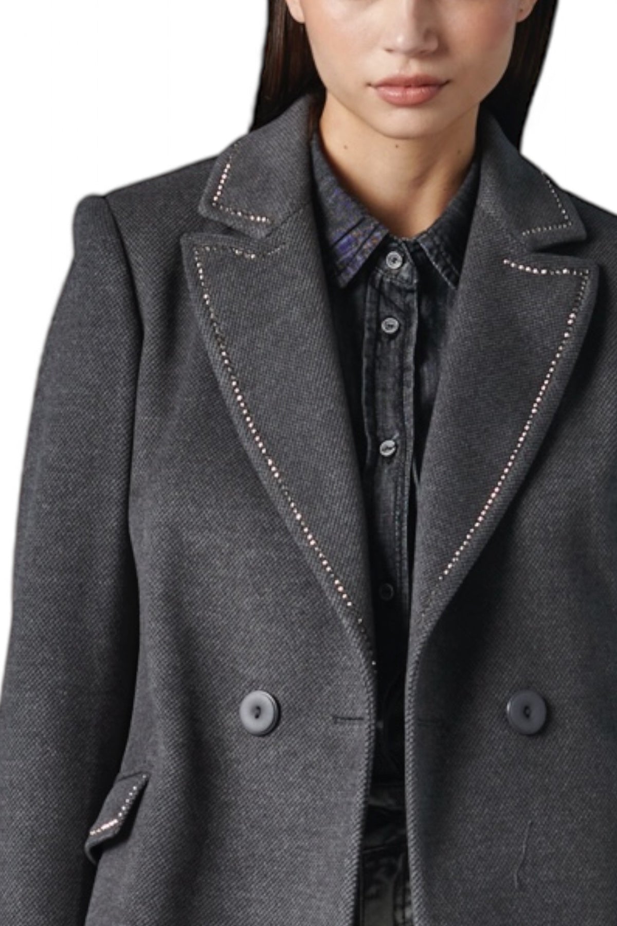 Cappotto dark grey basic baronetto doppiopetto con applicazione strass