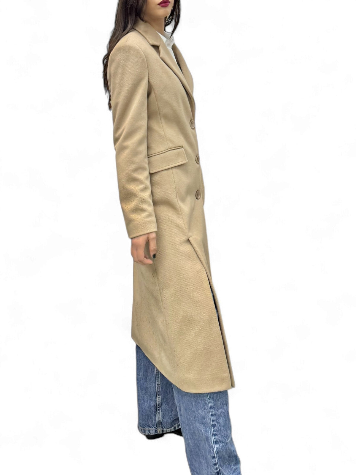 Long camel coat with front slits and foil splashes on the bottom