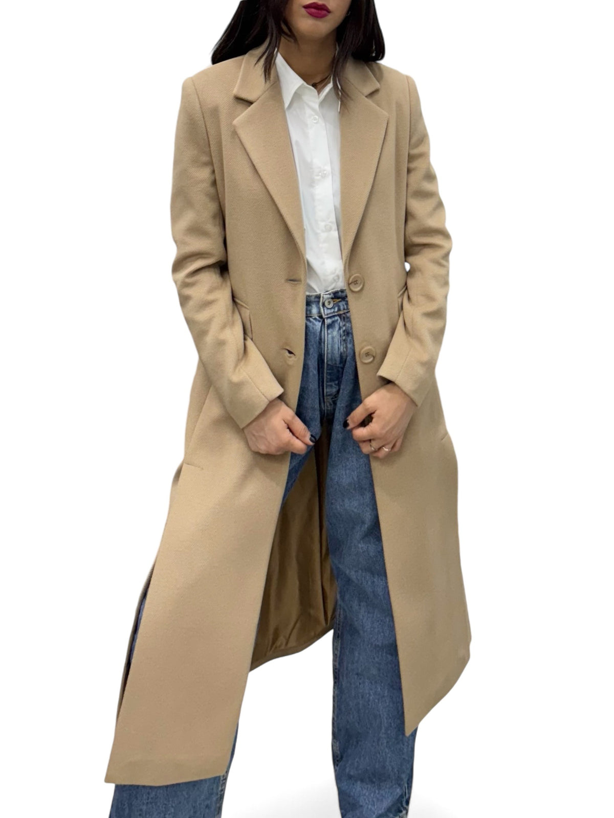 Cappotto camel lungo con spacchi davanti