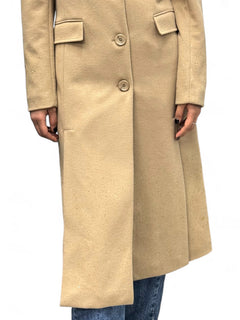 Long camel coat with front slits and foil splashes on the bottom