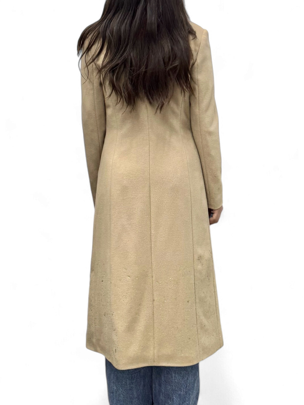 Long camel coat with front slits and foil splashes on the bottom