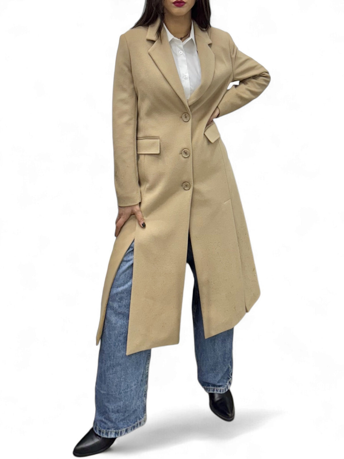 Long camel coat with front slits and foil splashes on the bottom