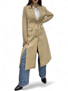 Long camel coat with front slits and foil splashes on the bottom