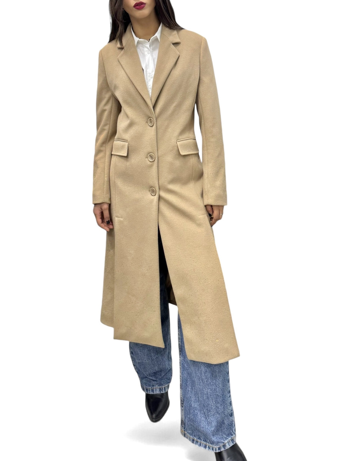 Long camel coat with front slits and foil splashes on the bottom