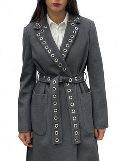 Cappotto dark grey lungo con spacchi laterali e applicazione occhielli