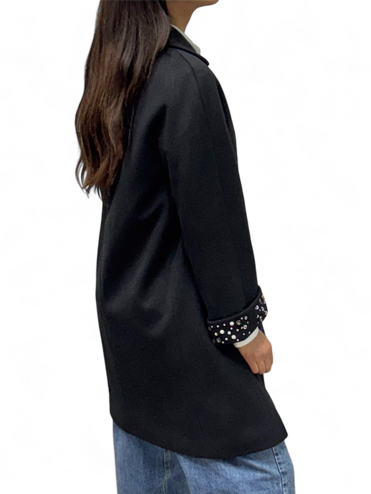 Cappotto regular nero con applicazione strass e pietre su rovescina