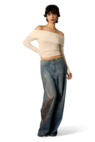 Jeans Dakota con bustino sfrangiato e strass