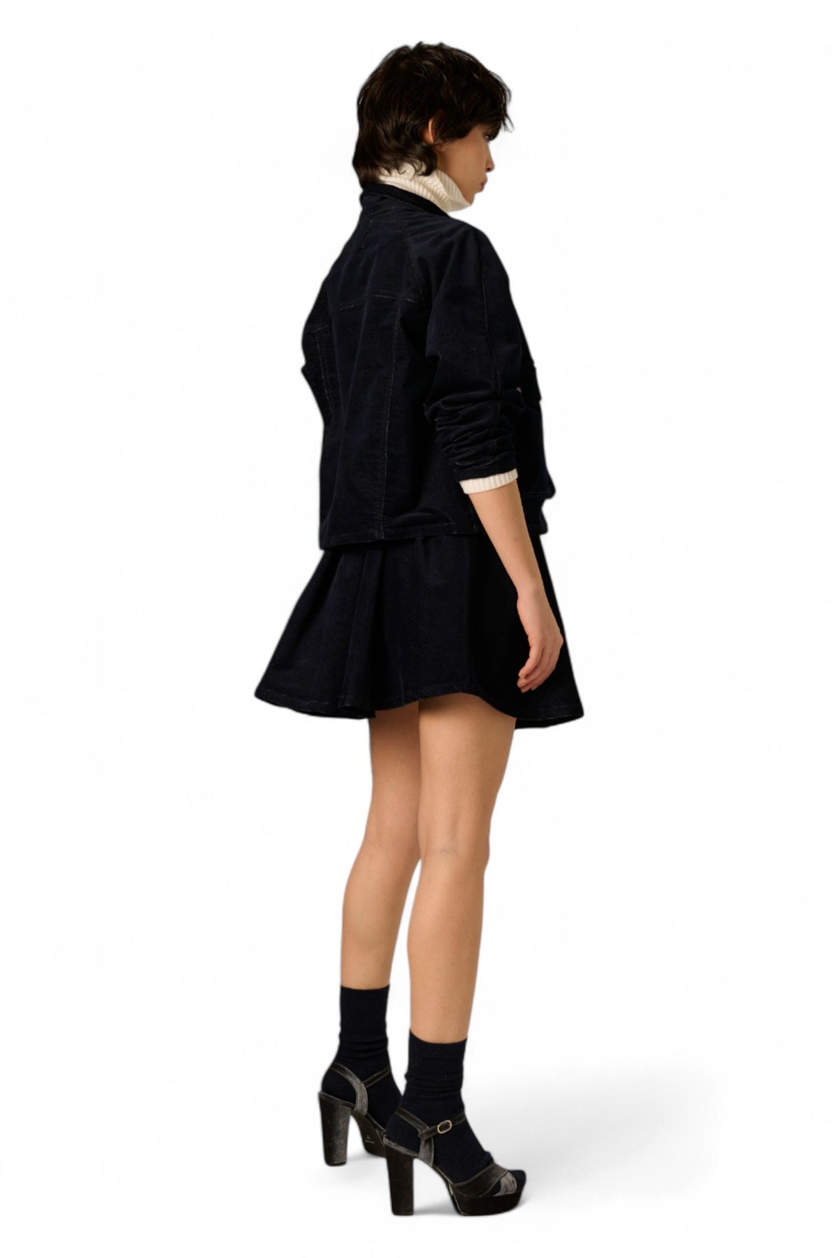 Gonna Fara a pieghe in denim floccato
