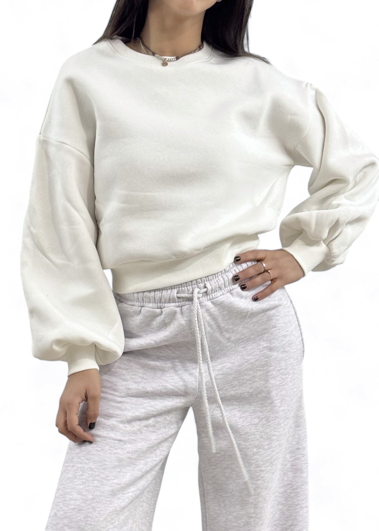 Felpa polycotton bianca cropped con maniche a sbuffo – GDD Fashion