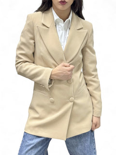 Giacca lunga a doppio petto beige in tessuto tecnico