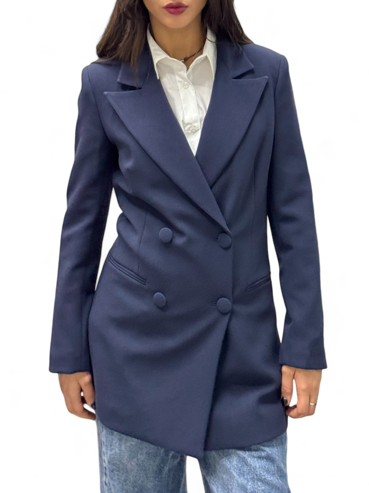 Giacca lunga a doppio petto blu navy in tessuto tecnico