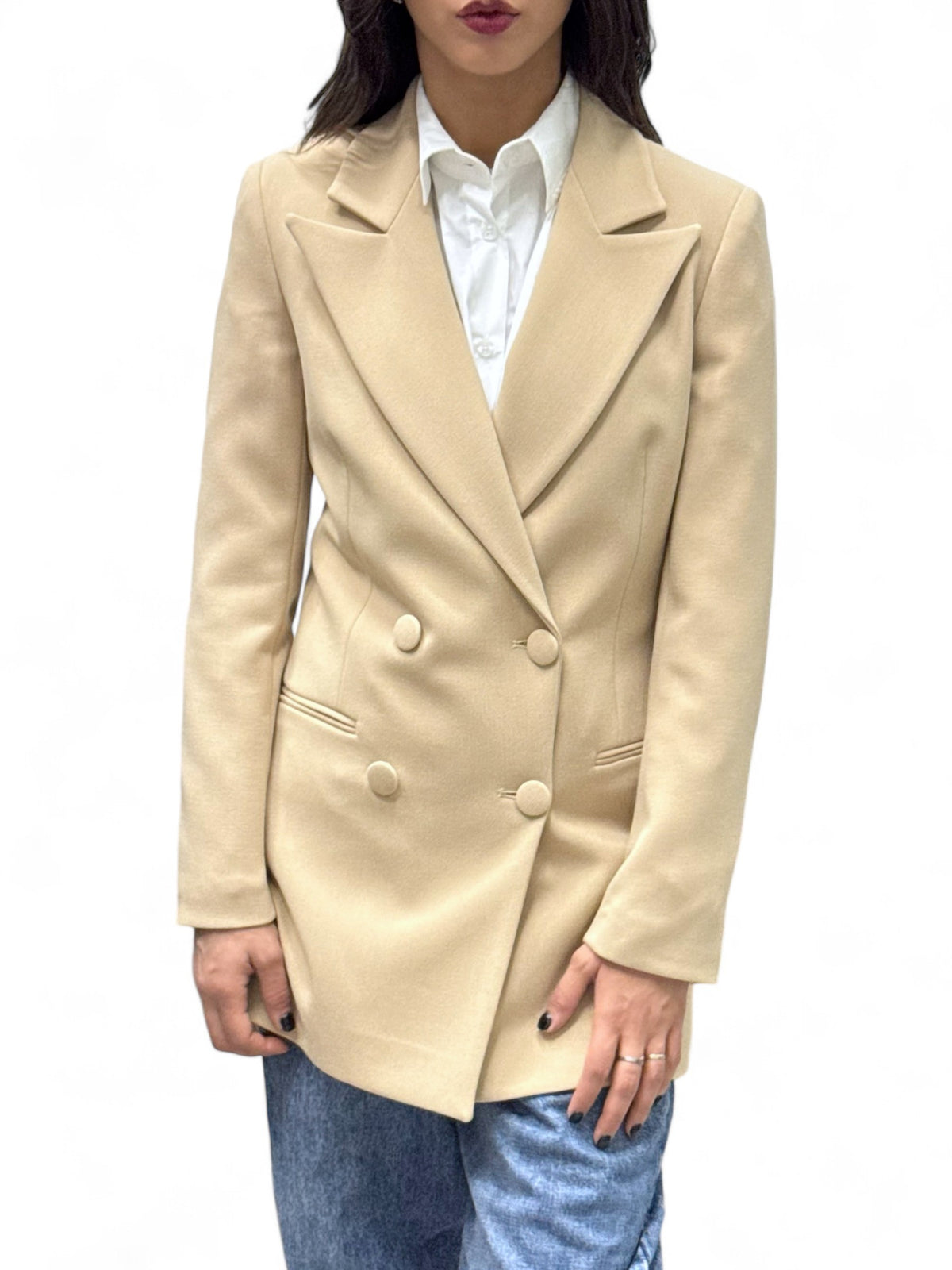 Giacca lunga a doppio petto beige in tessuto tecnico