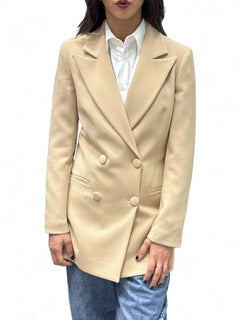 Giacca lunga a doppio petto beige in tessuto tecnico