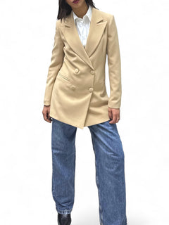 Giacca lunga a doppio petto beige in tessuto tecnico