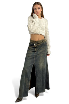 Gonna Fanyx denim slegato - modella taglia XS altezza 165cm vista completa
