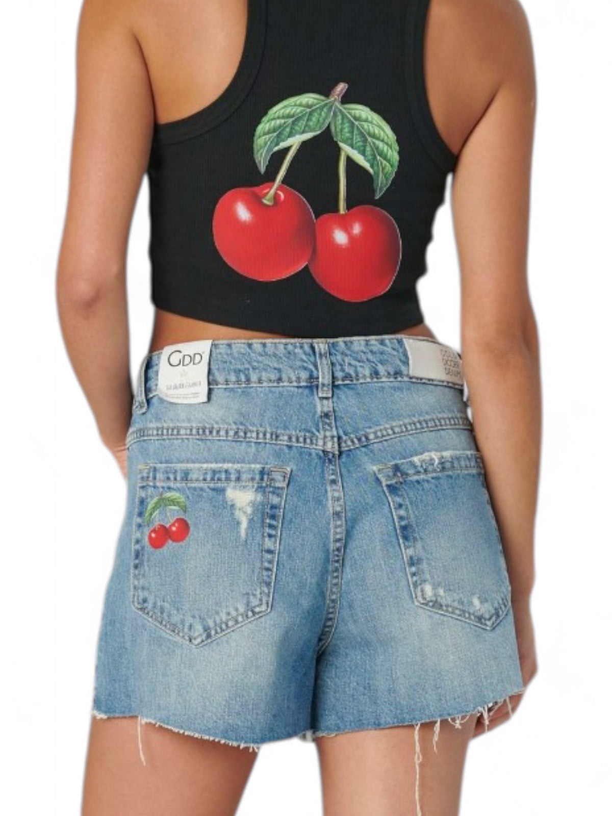 Canotta cropped YUKA in costina con stampa CHERRY