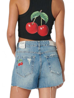 Canotta cropped YUKA in costina con stampa CHERRY