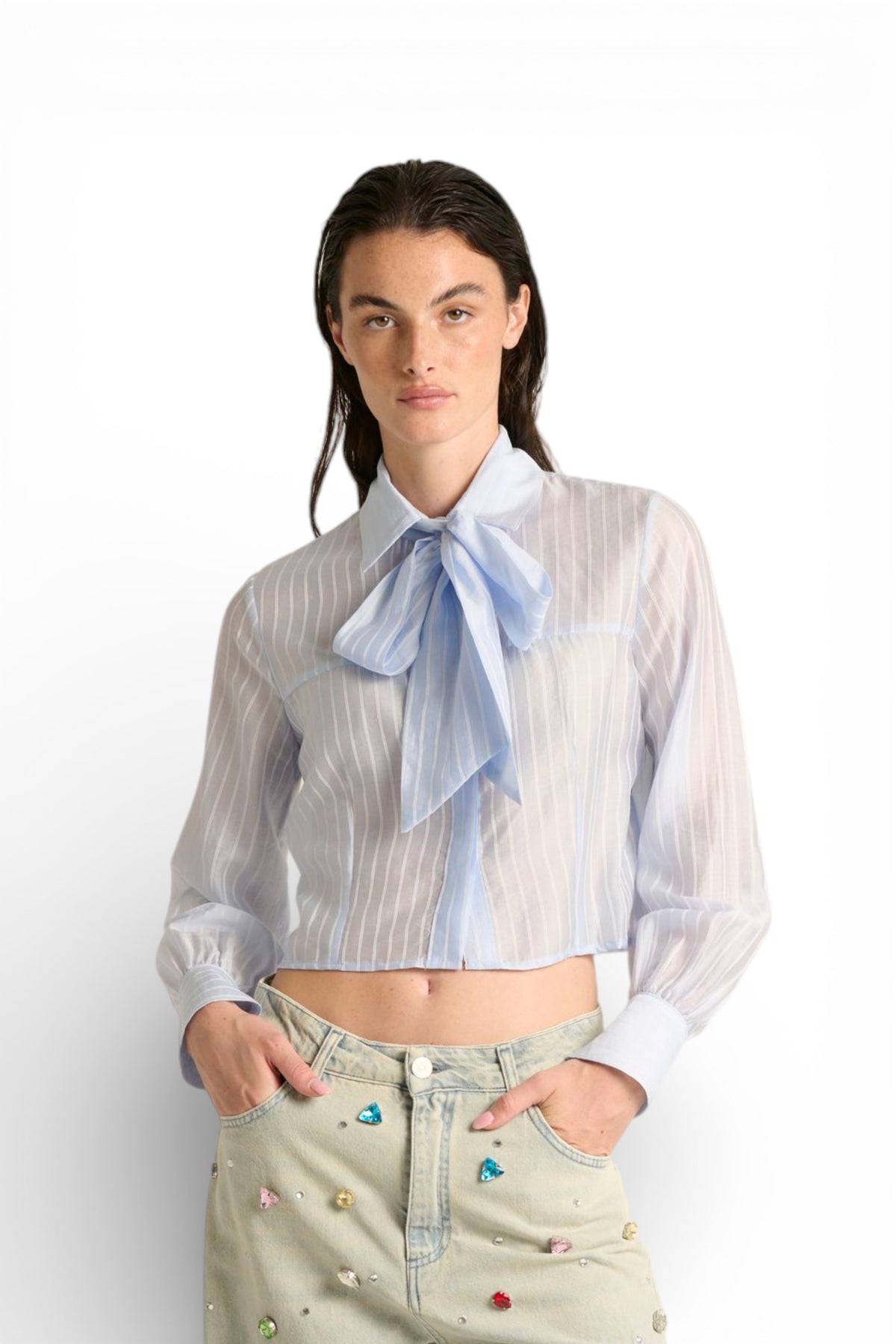 Camicia Maki con fiocco davanti in georgette misto tencel a righe