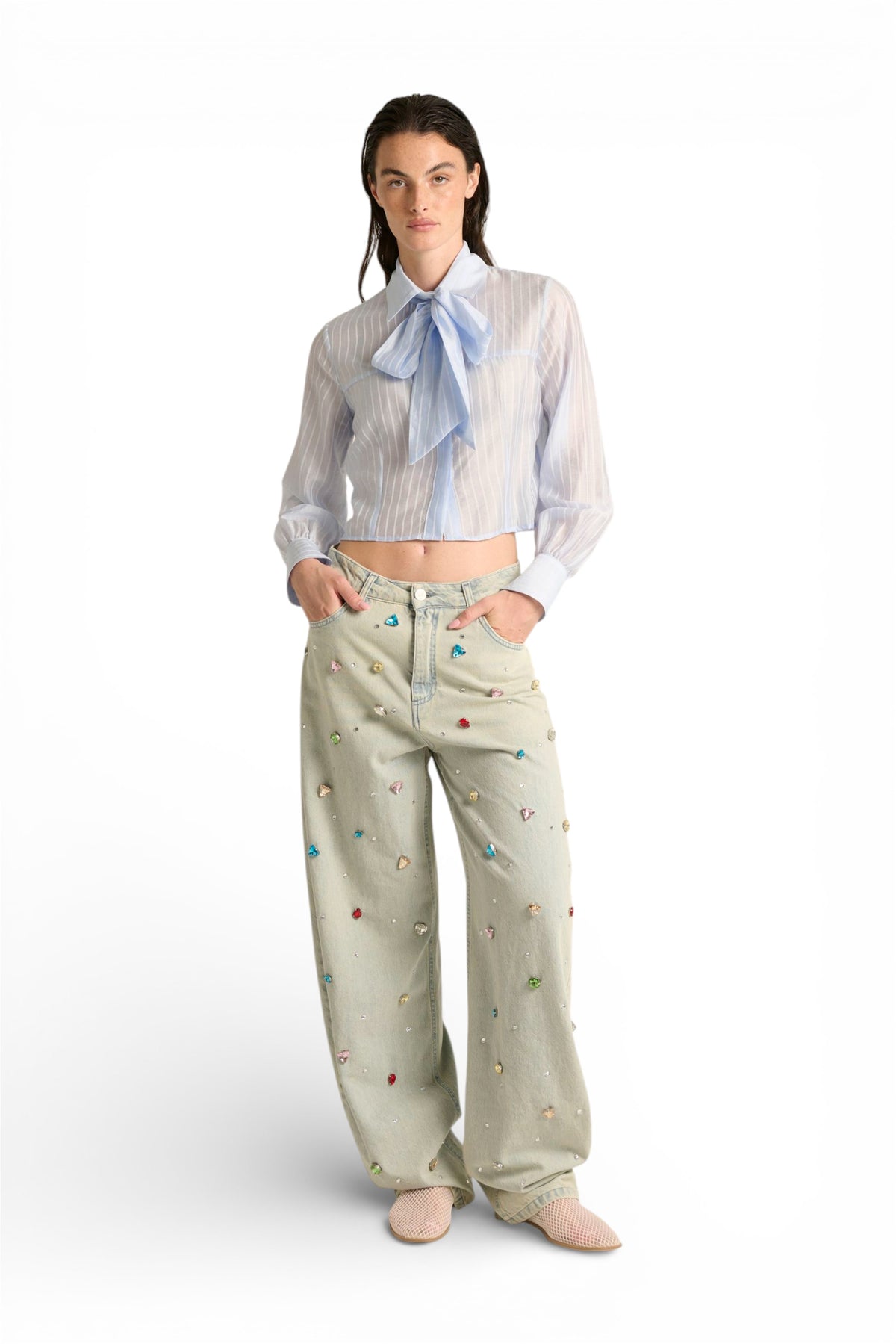 Camicia Maki con fiocco davanti in georgette misto tencel a righe