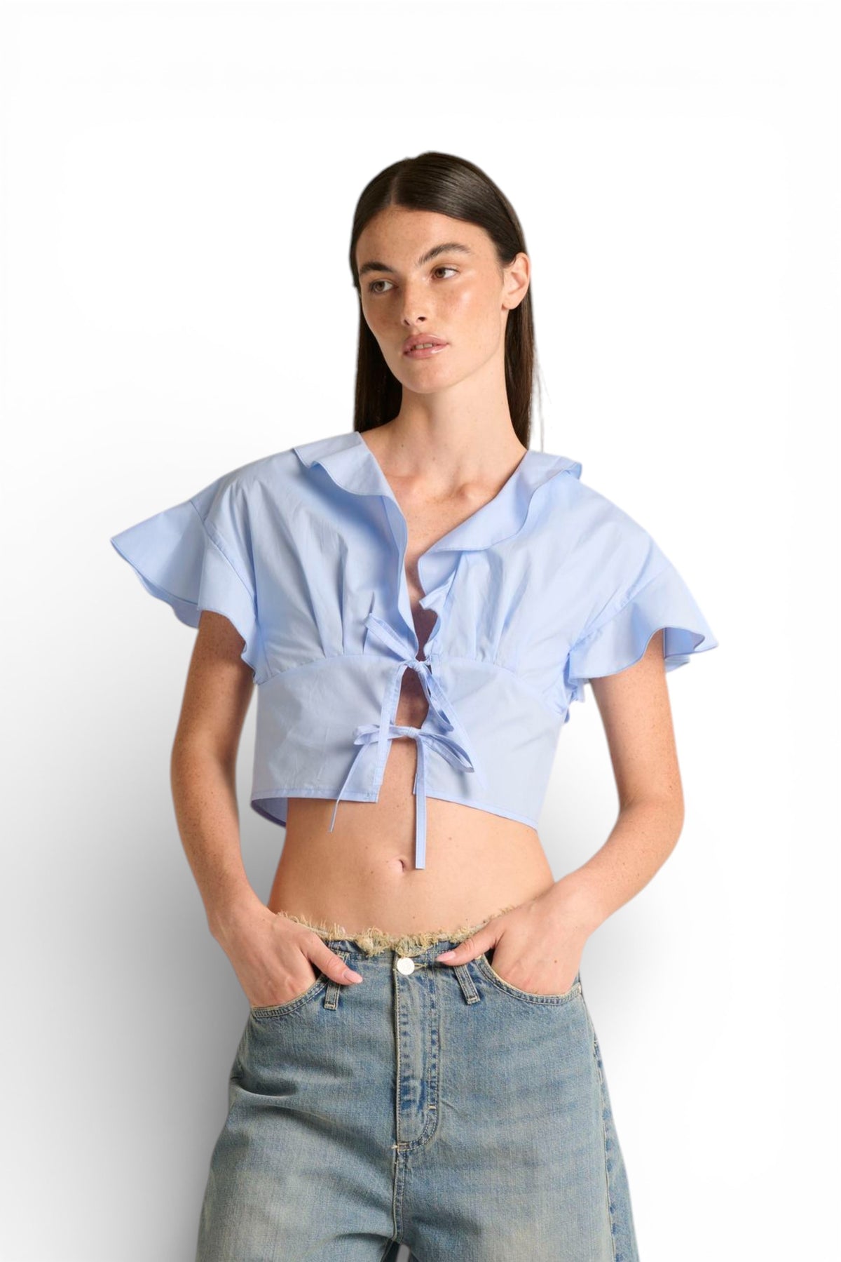 Camicia Roy crop con rouches e lacci sul davanti
