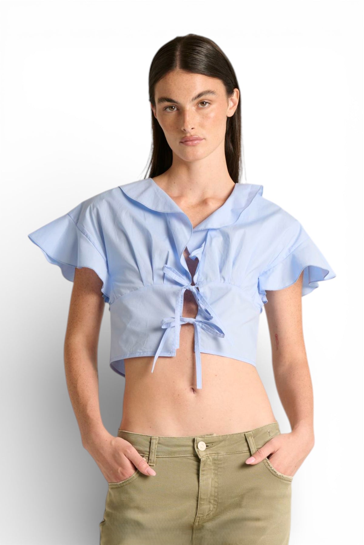 Camicia Roy crop con rouches e lacci sul davanti