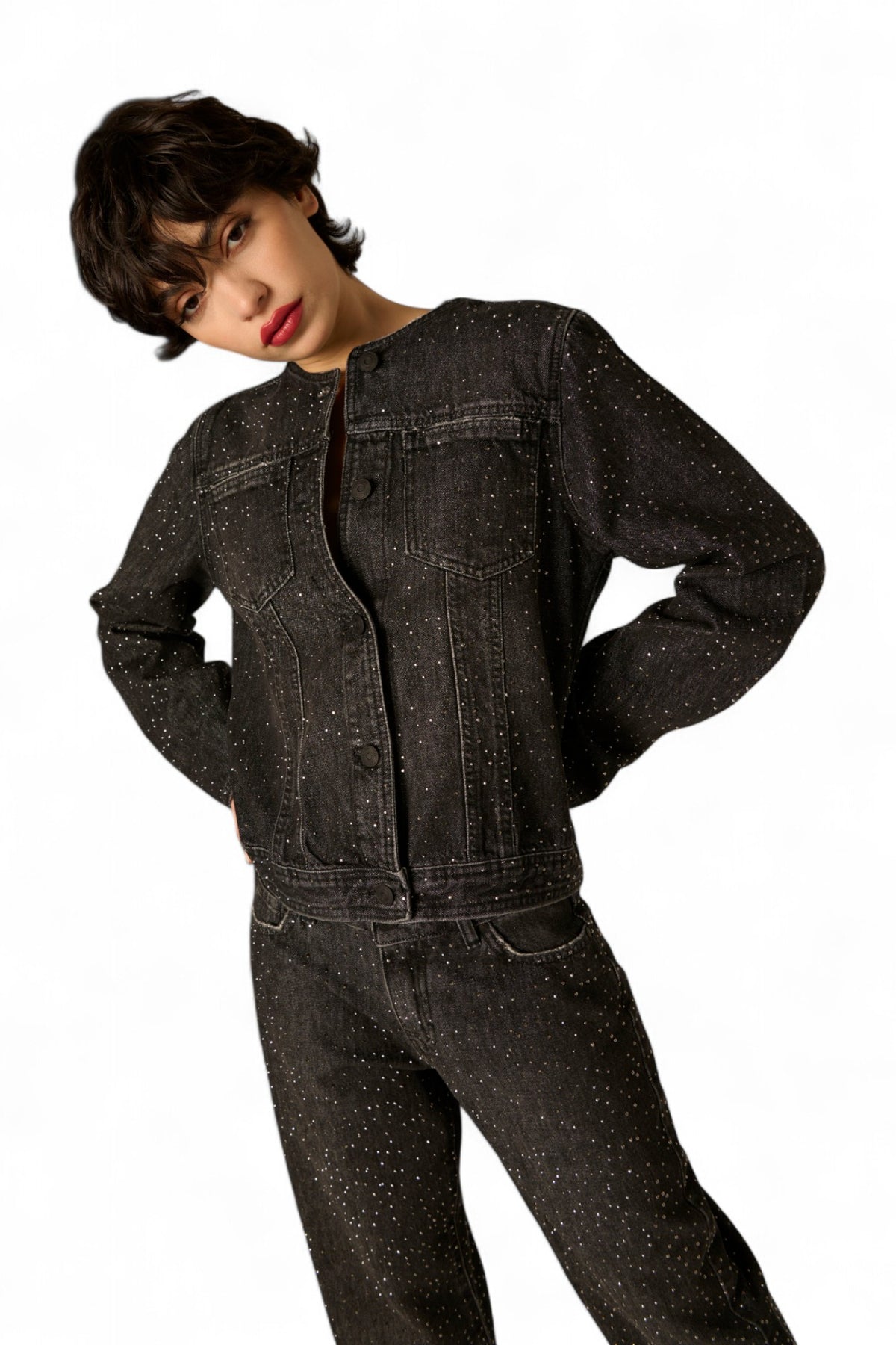 Giubbino Kaia in denim black con strass all over