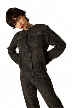 Giubbino Kaia in denim black con strass all over