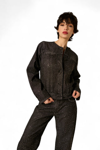 Giubbino Kaia in denim black con strass all over