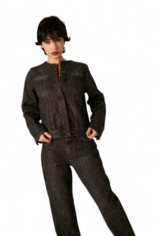 Giubbino Kaia in denim black con strass all over