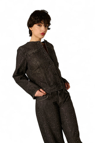 Giubbino Kaia in denim black con strass all over