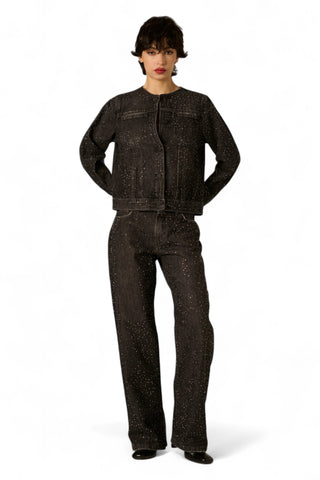 Giubbino Kaia in denim black con strass all over