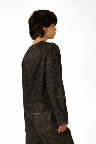 Giubbino Kaia in denim black con strass all over