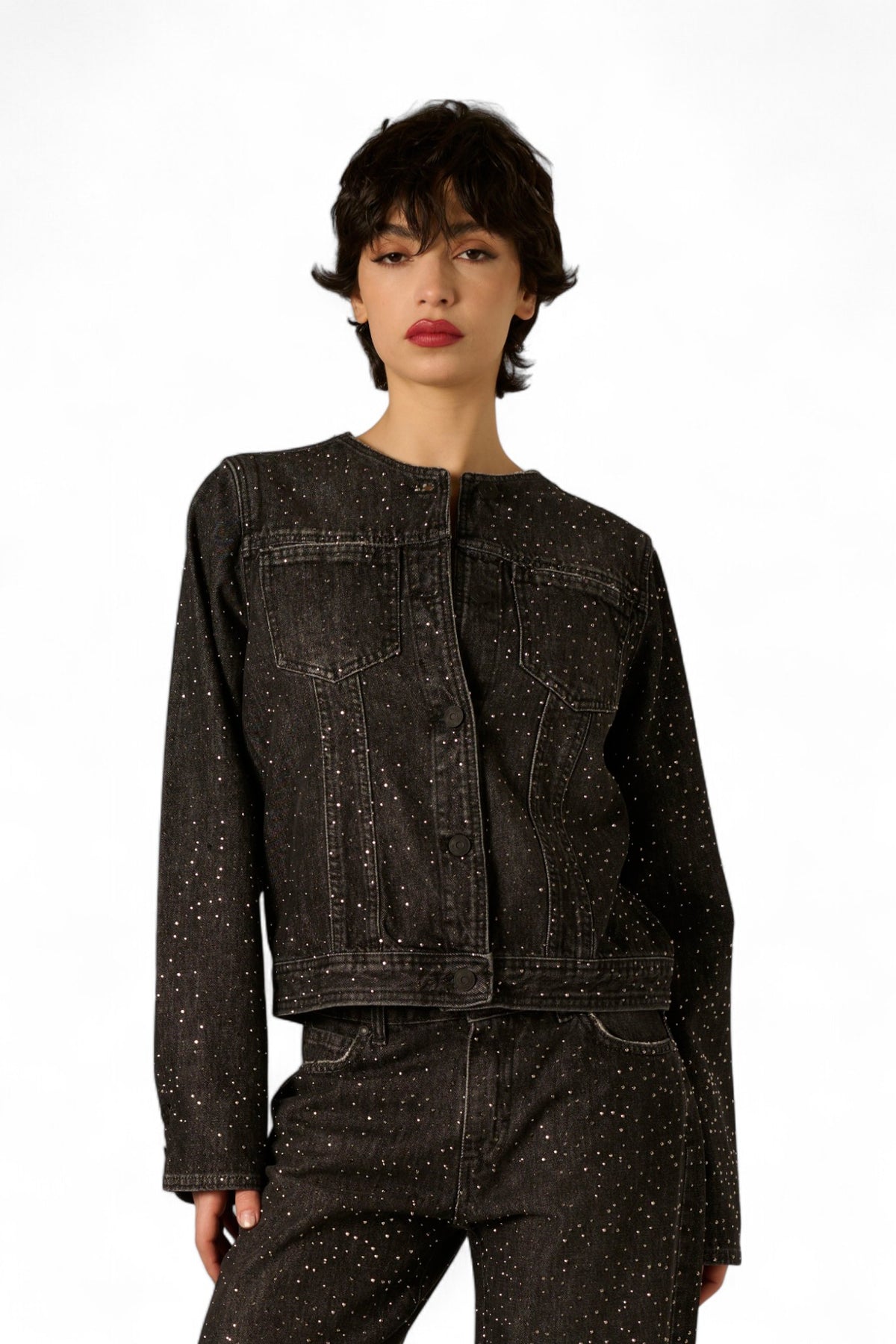 Giubbino Kaia in denim black con strass all over
