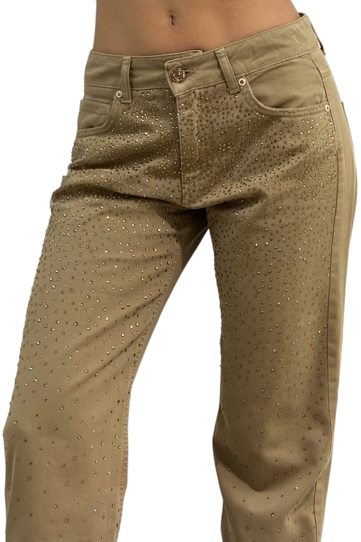 Pantaloni Bryana straight drill - dettaglio strass scintillanti coordinati
