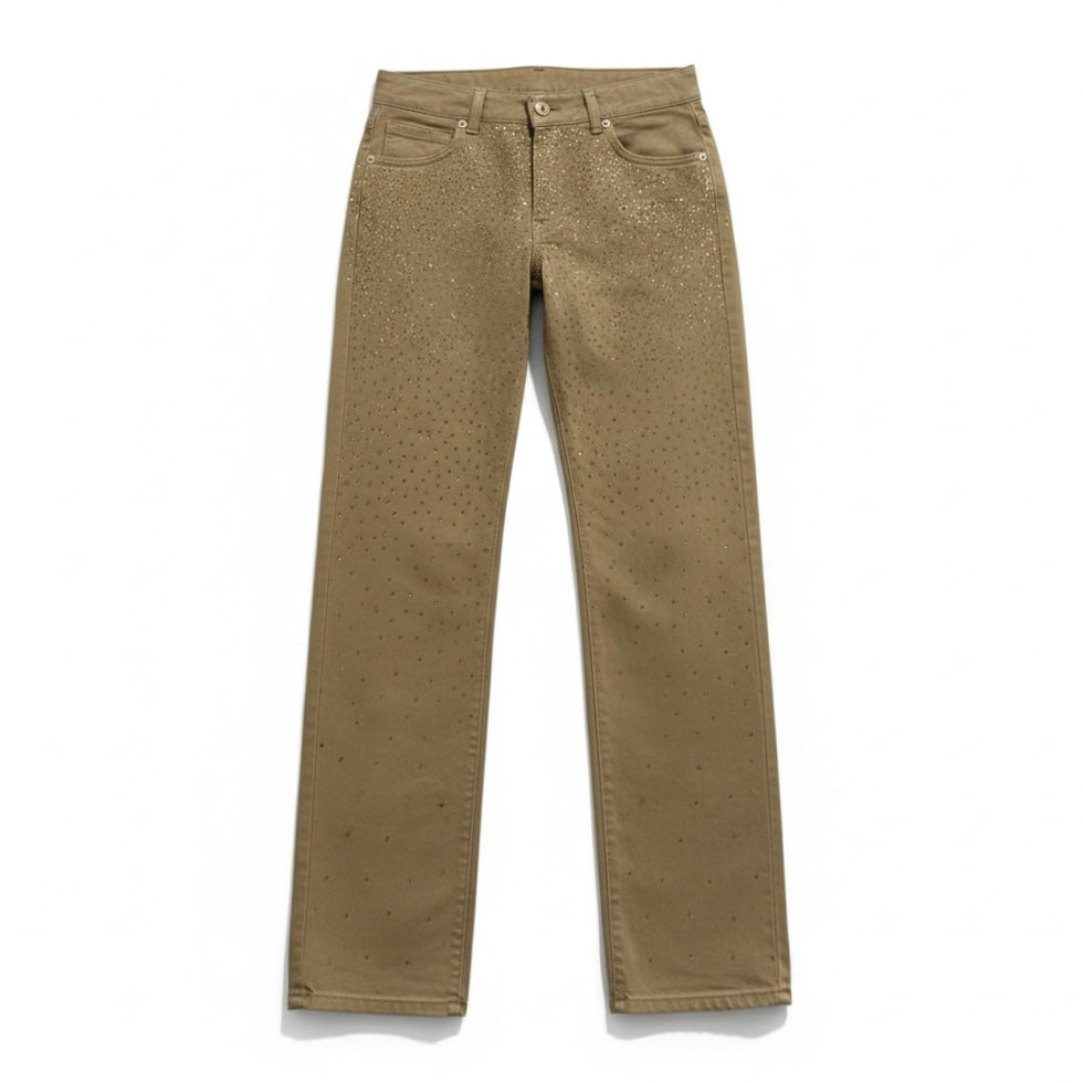 Pantaloni Bryana drill beige taupe - vista frontale con applicazione strass
