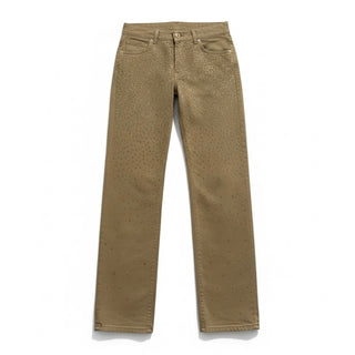 Pantaloni Bryana drill beige taupe - vista frontale con applicazione strass
