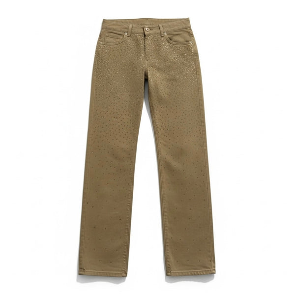 Pantaloni Bryana drill beige taupe - vista frontale con applicazione strass
