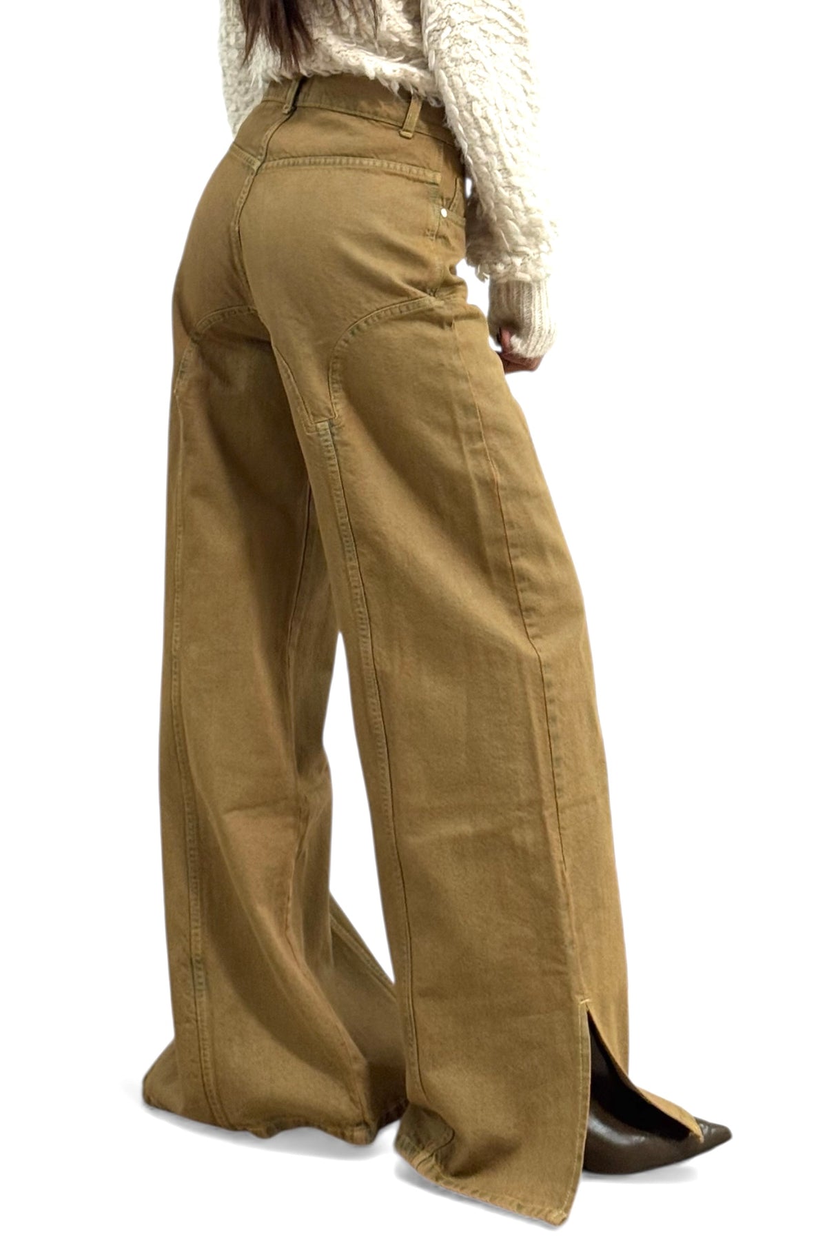 Pantaloni Betty straight denim - vista laterale gamba dritta con dettaglio spacchetto fondo
