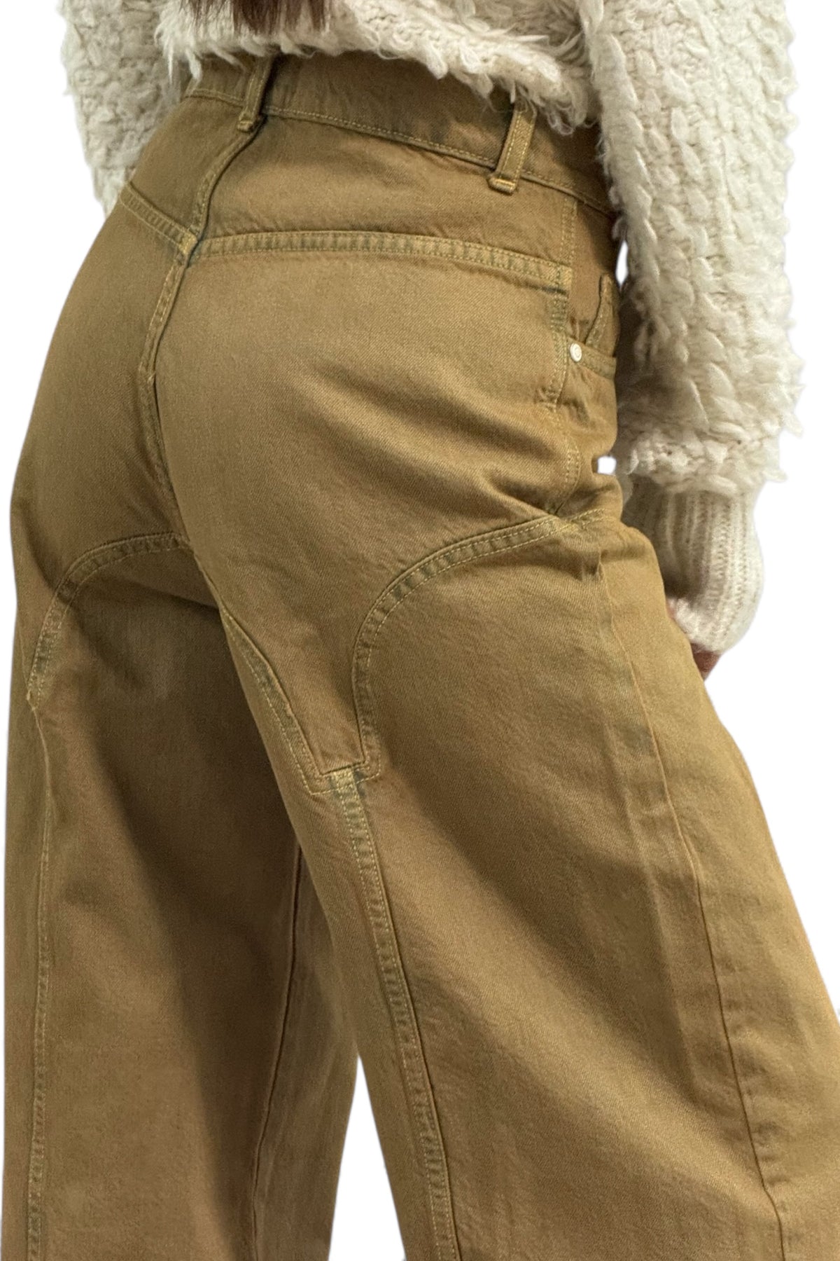 Pantaloni Betty denim tabacco - dettaglio tagli originali posteriori
