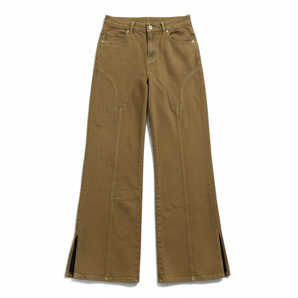 Pantaloni Betty straight denim tabacco - vista frontale con tagli strategici
