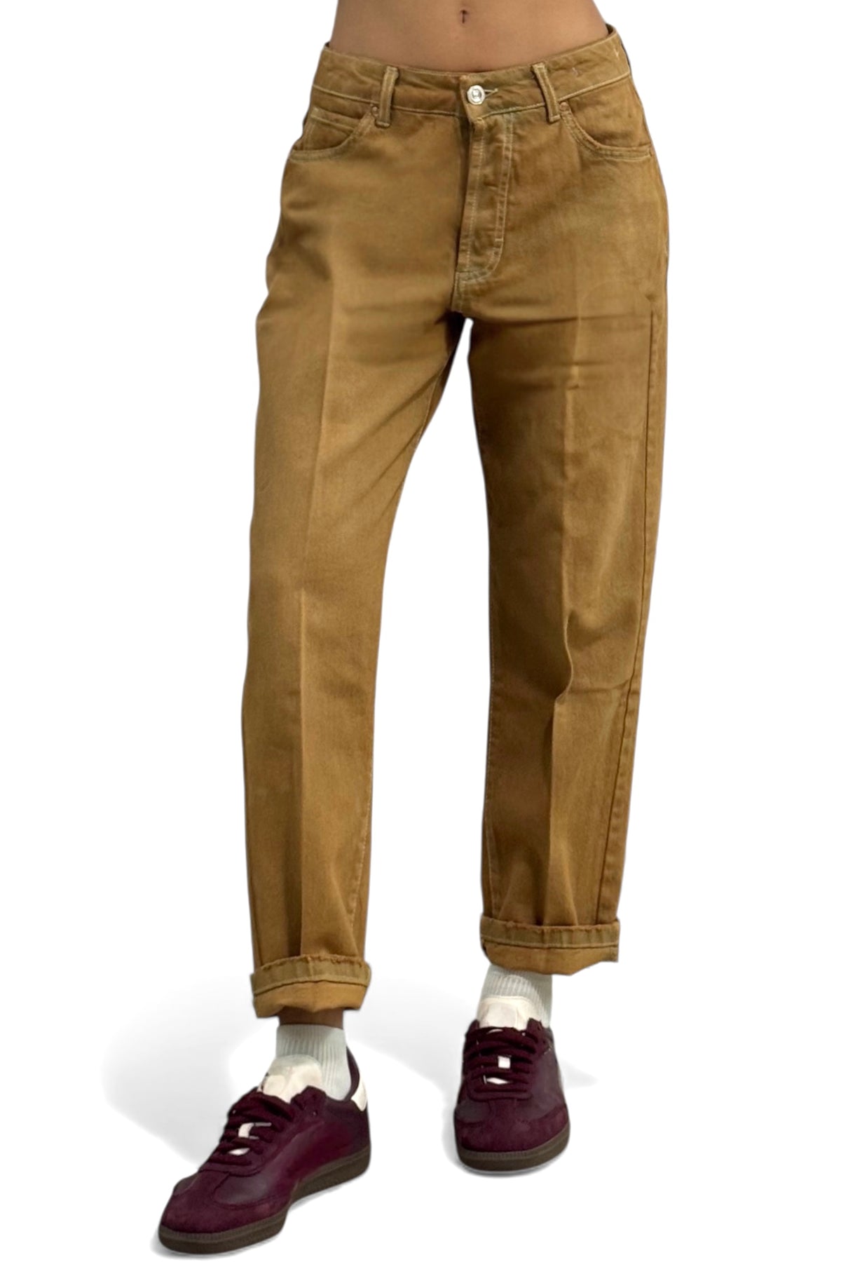 Pantaloni Blake relaxed denim tabacco - vista frontale stiro in piega
